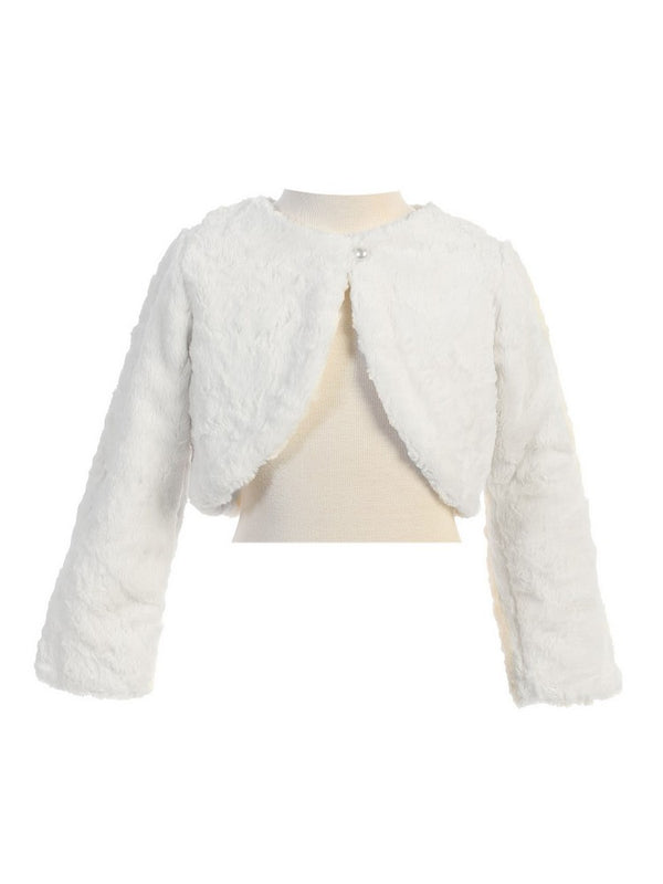 Sweet Kids Big Girls Off White Pearl Button Marble Faux Fur Bolero Jacket 8-16 - SophiasStyle.com